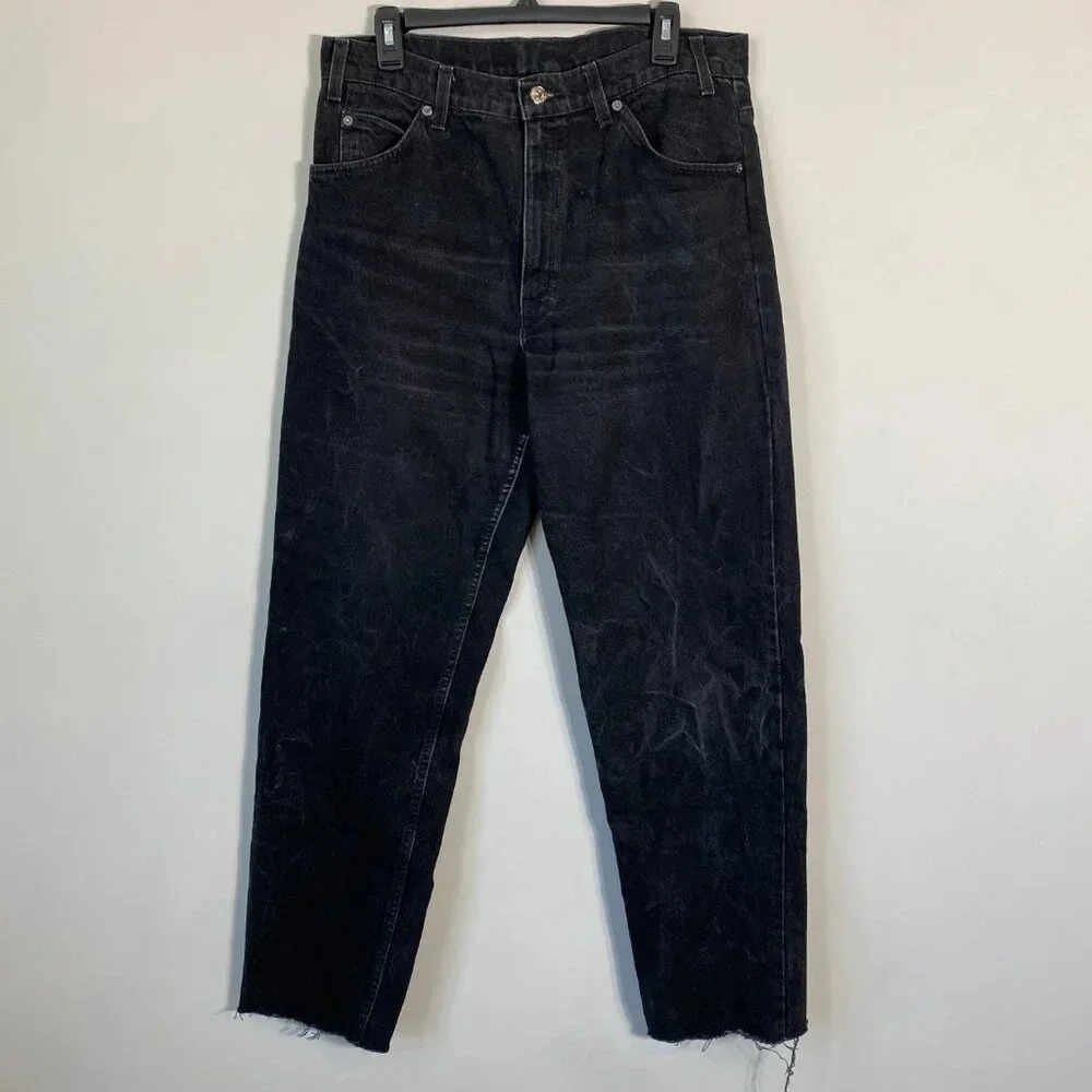 Vintage Levis 550 Orange Tab Denim Jeans Relaxed Fit Men's 34x32 Black Raw Hem